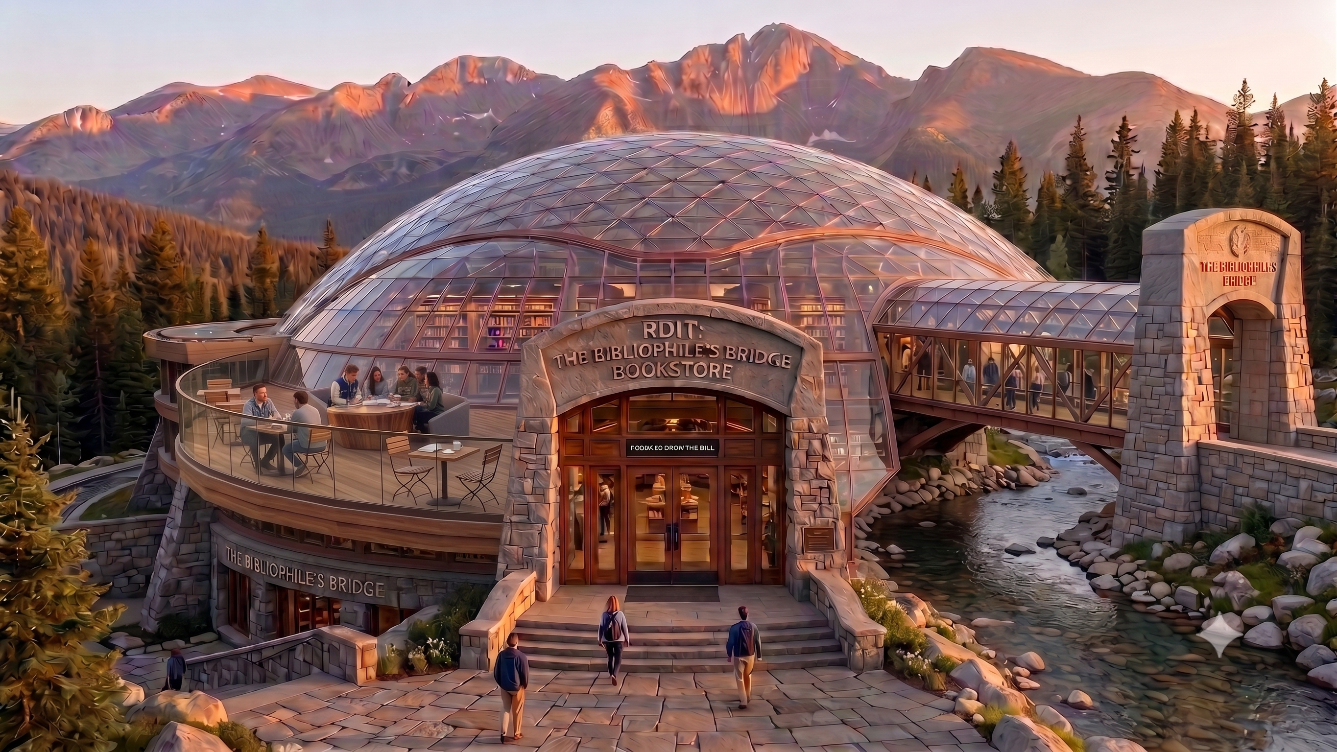 RDIT: The Bibliophile's Bridge Bookstore Exterior Dome and River Bridge